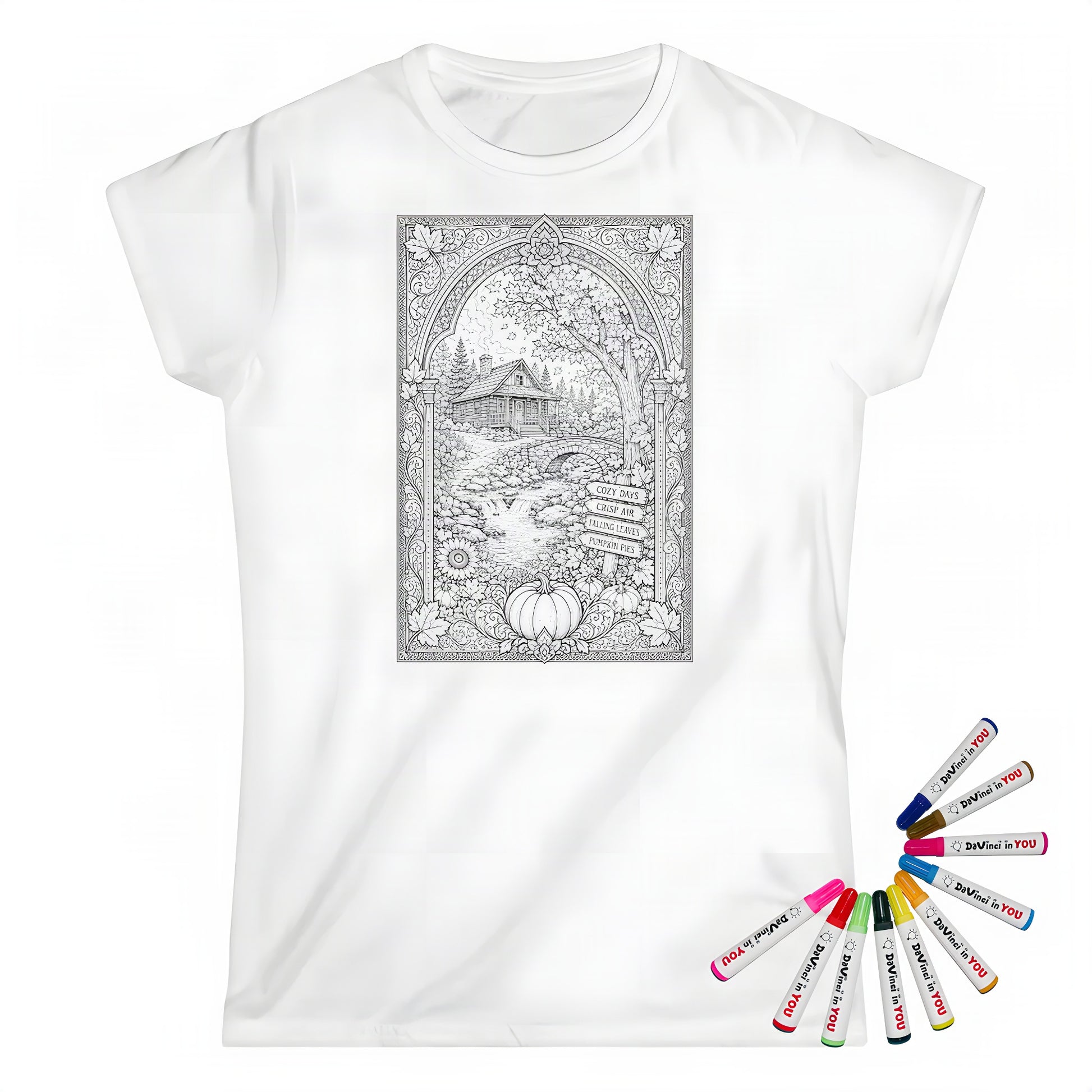 Cozy Autumn Cabin Womens T-Shirt coloring kit mockup with white base, cotton, and graphic print