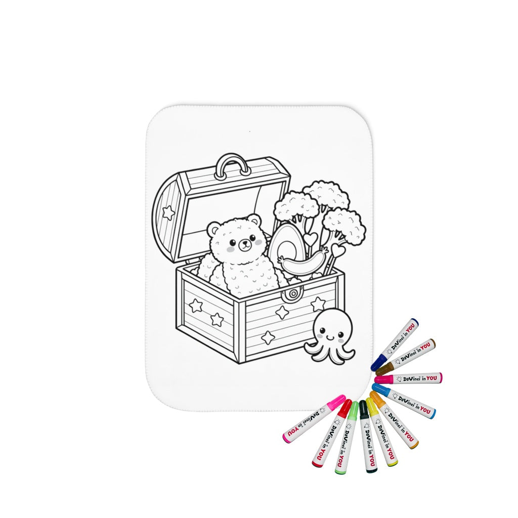 Sherpa coloring blanket with fabric markers featuring a cute treasure chest design to color