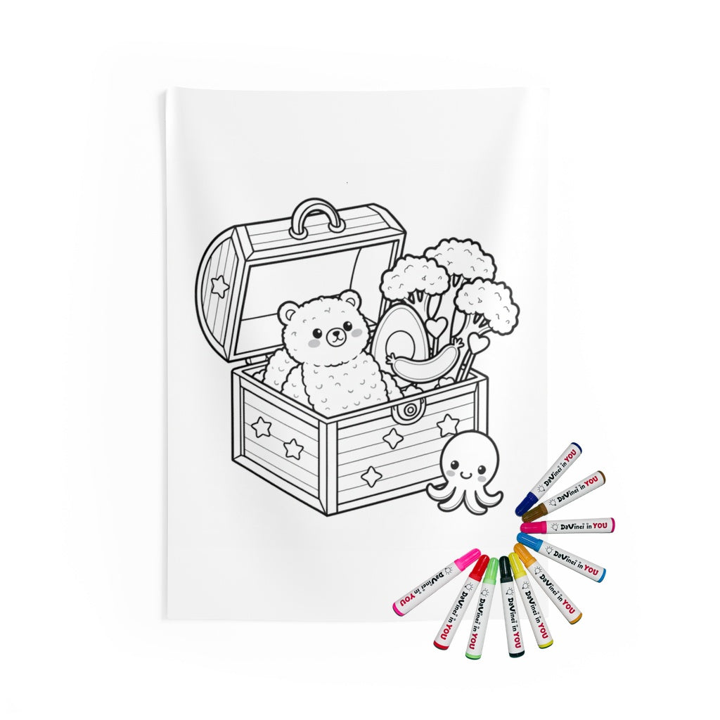 Indoor Wall Tapestry Coloring Kit with 10 Fabric Markers - Cute Treasure Chest
