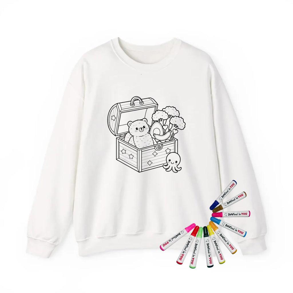 Adult Crewneck Sweatshirt Coloring Kit with 10 Fabric Markers - Cute Treasure Chest