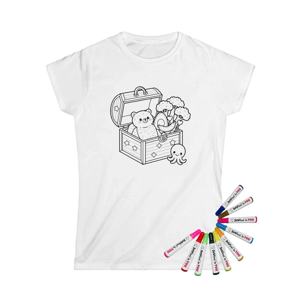 Womens T-Shirt Coloring Kit with 10 Fabric Markers - Cute Treasure Chest