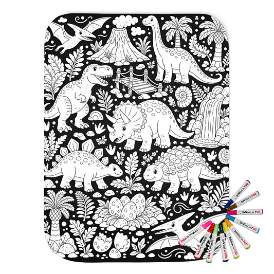 Dinosaur Jungle Sherpa Blanket coloring kit mockup with polyester and graphic print