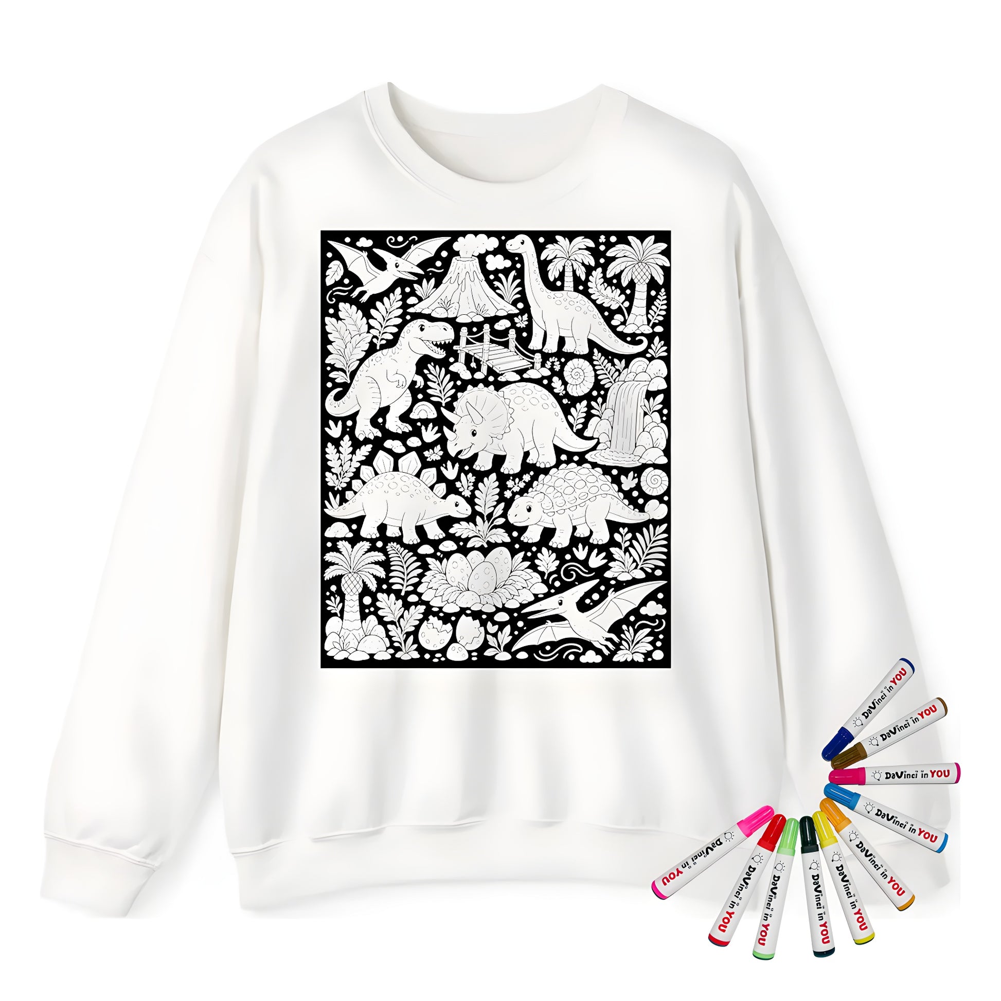 Dinosaur Jungle Adult Crewneck Sweatshirt coloring kit mockup with white base, cotton/polyester blend, and graphic print