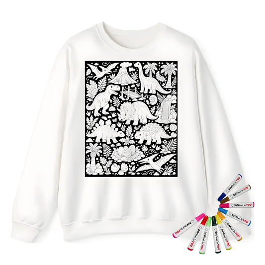 Dinosaur Jungle Adult Crewneck Sweatshirt coloring kit mockup with white base, cotton/polyester blend, and graphic print