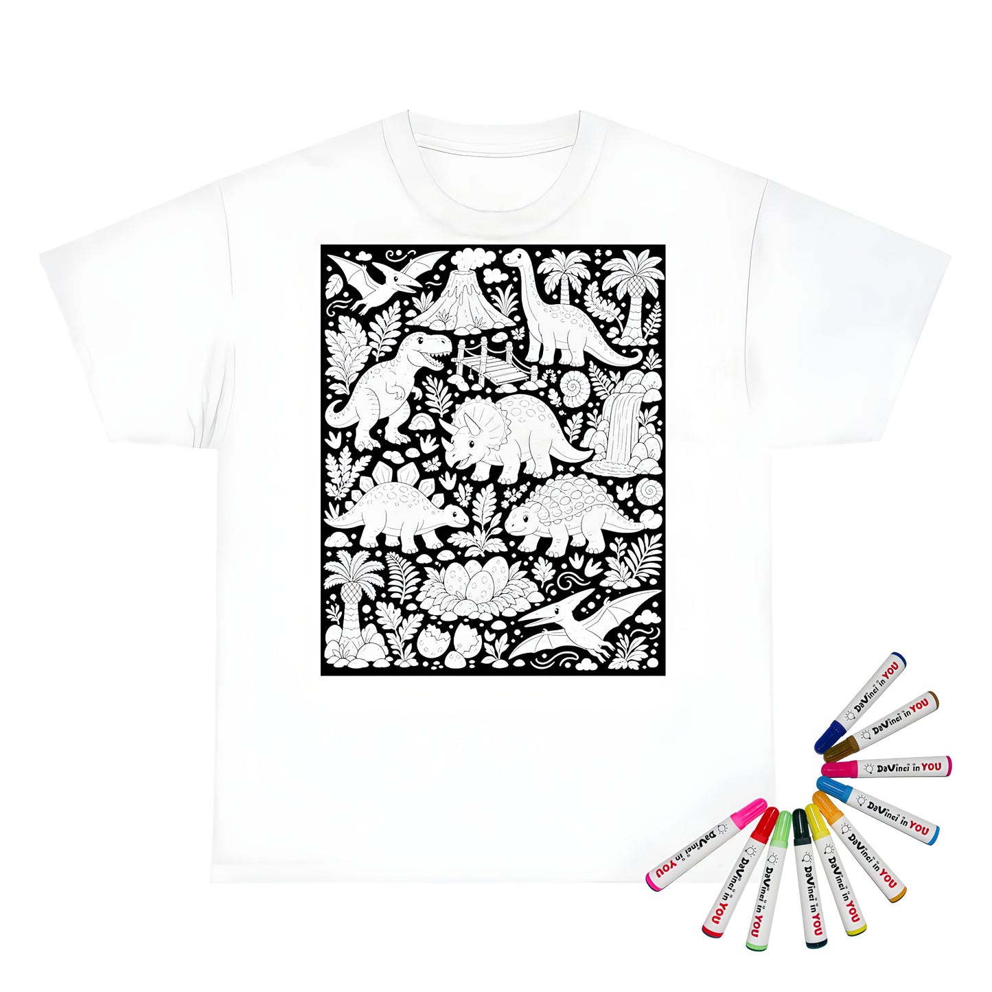Dinosaur Jungle Kids T-Shirt coloring kit mockup with white base, cotton, and graphic print