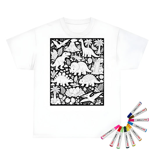 Dinosaur Jungle Kids T-Shirt coloring kit mockup with white base, cotton, and graphic print