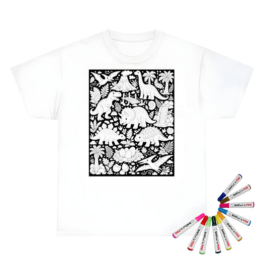 Dinosaur Jungle Unisex T-Shirt coloring kit mockup with white base, cotton, and graphic print