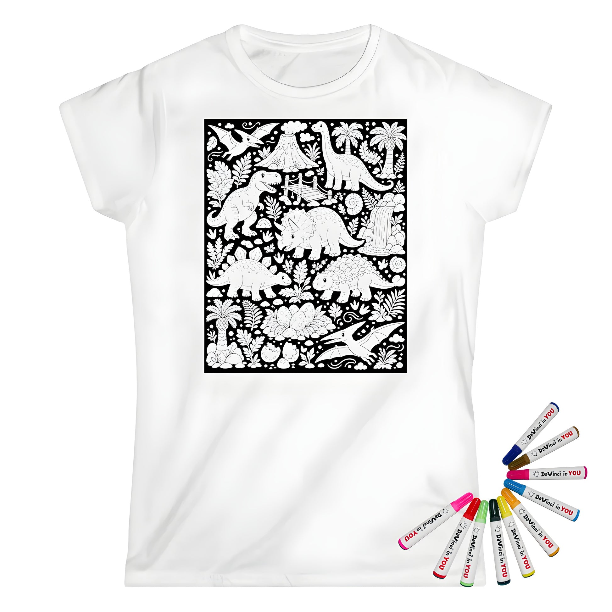 Dinosaur Jungle Womens T-Shirt coloring kit mockup with white base, cotton, and graphic print