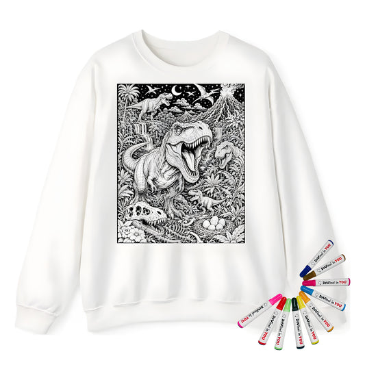 Dinosaur Volcano Valley Adult Crewneck Sweatshirt coloring kit mockup with white base, cotton/polyester blend, and graphic print