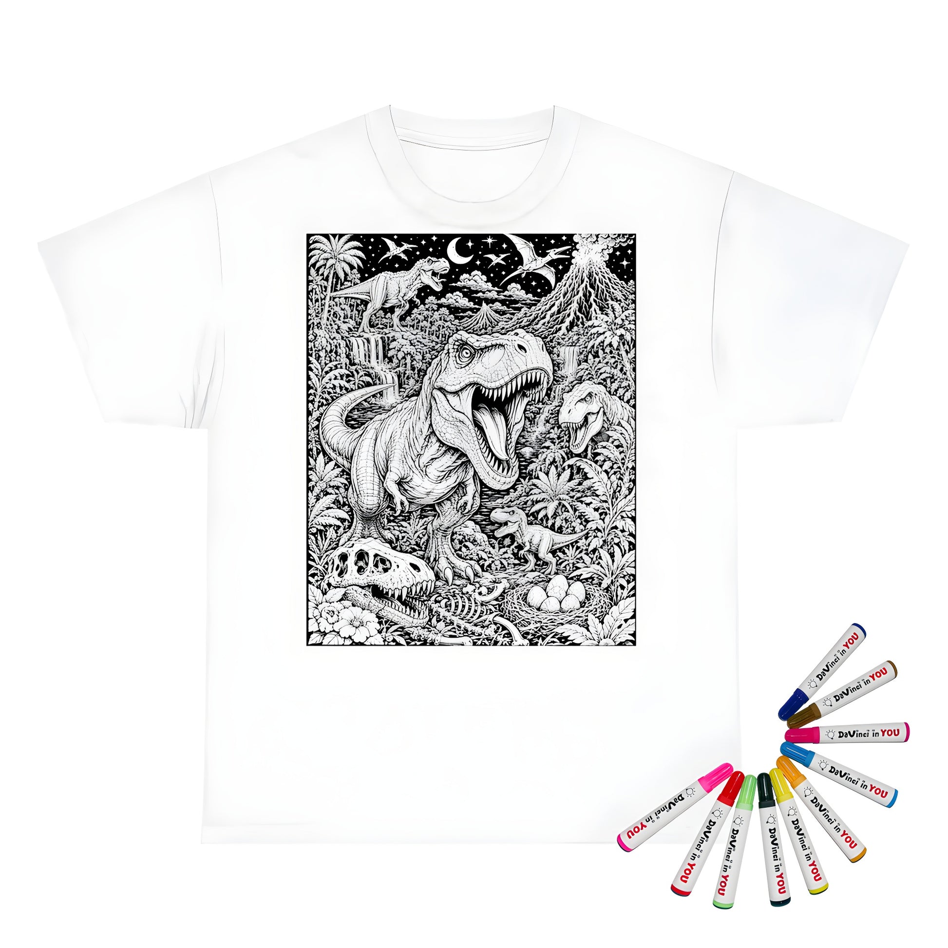 Dinosaur Volcano Valley Kids T-Shirt coloring kit mockup with white base, cotton, and graphic print