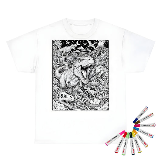 Dinosaur Volcano Valley Kids T-Shirt coloring kit mockup with white base, cotton, and graphic print