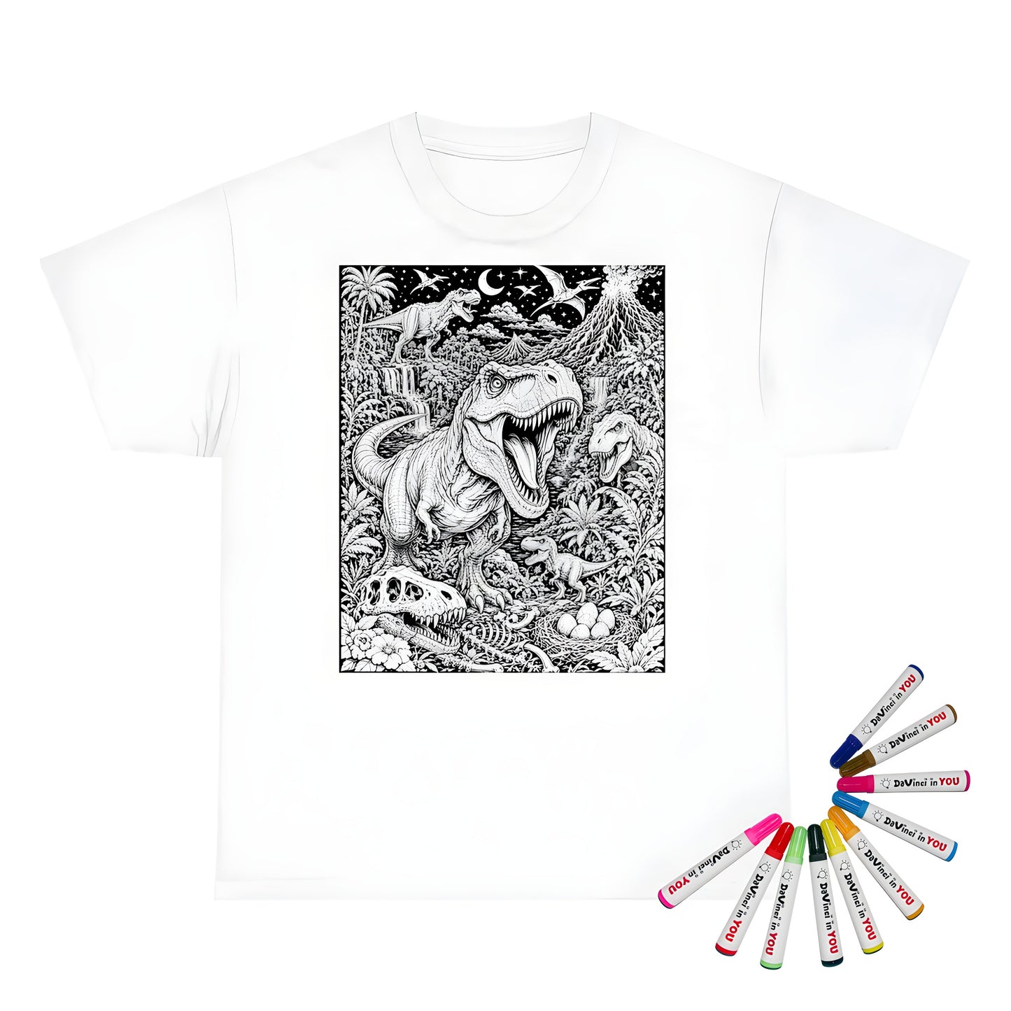 Dinosaur Volcano Valley Unisex T-Shirt coloring kit mockup with white base, cotton, and graphic print