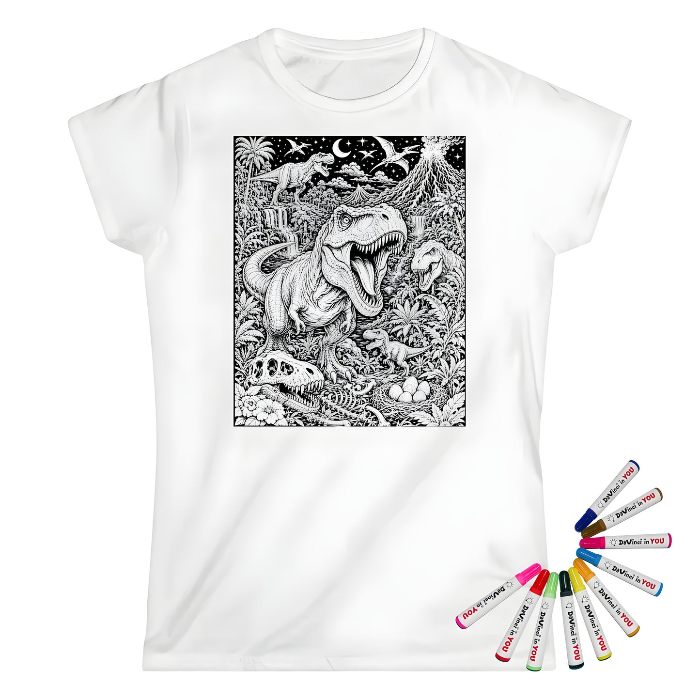 Dinosaur Volcano Valley Womens T-Shirt coloring kit mockup with white base, cotton, and graphic print