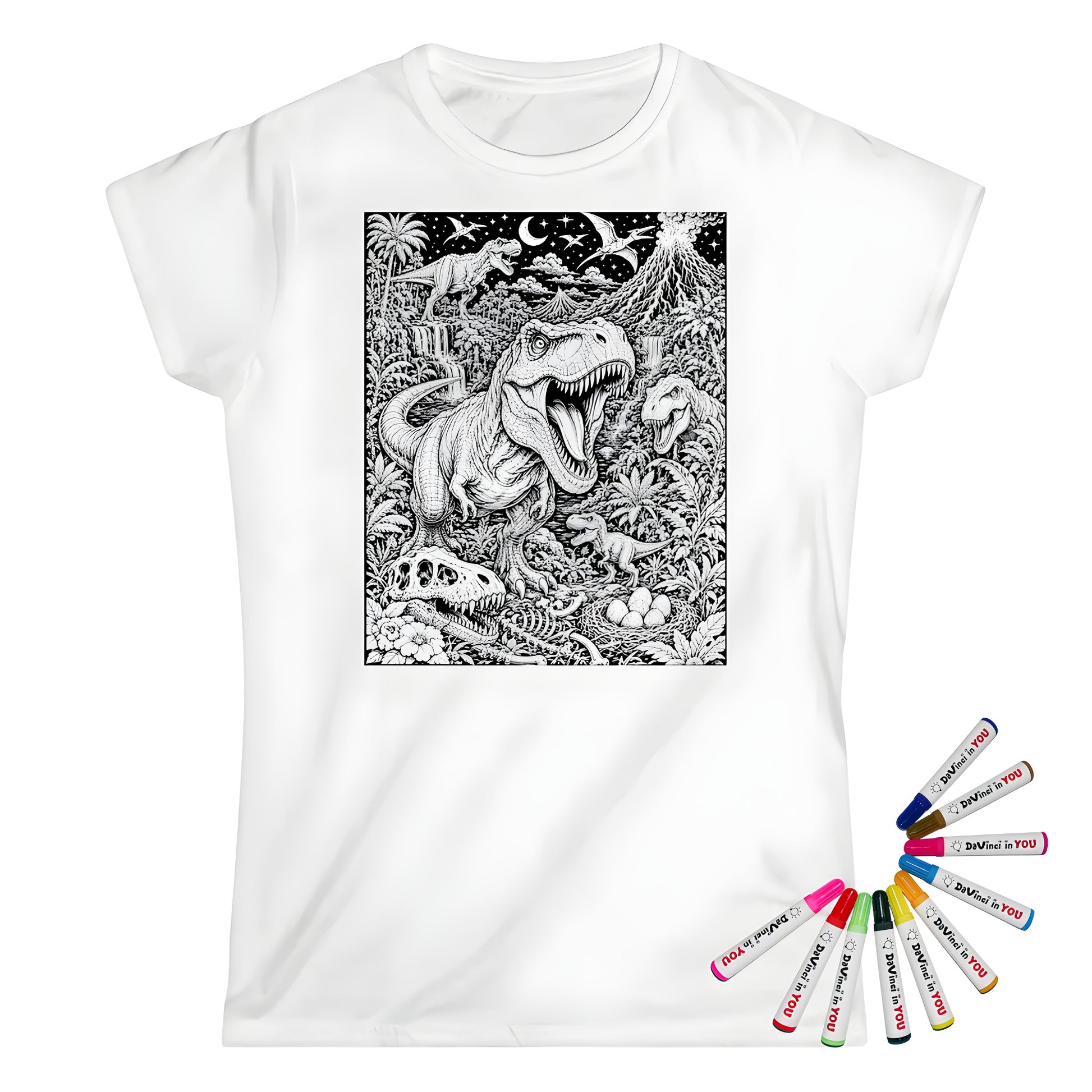Dinosaur Volcano Valley Womens T-Shirt coloring kit mockup with white base, cotton, and graphic print