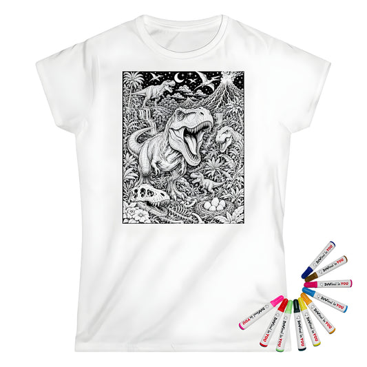 Dinosaur Volcano Valley Womens T-Shirt coloring kit mockup with white base, cotton, and graphic print