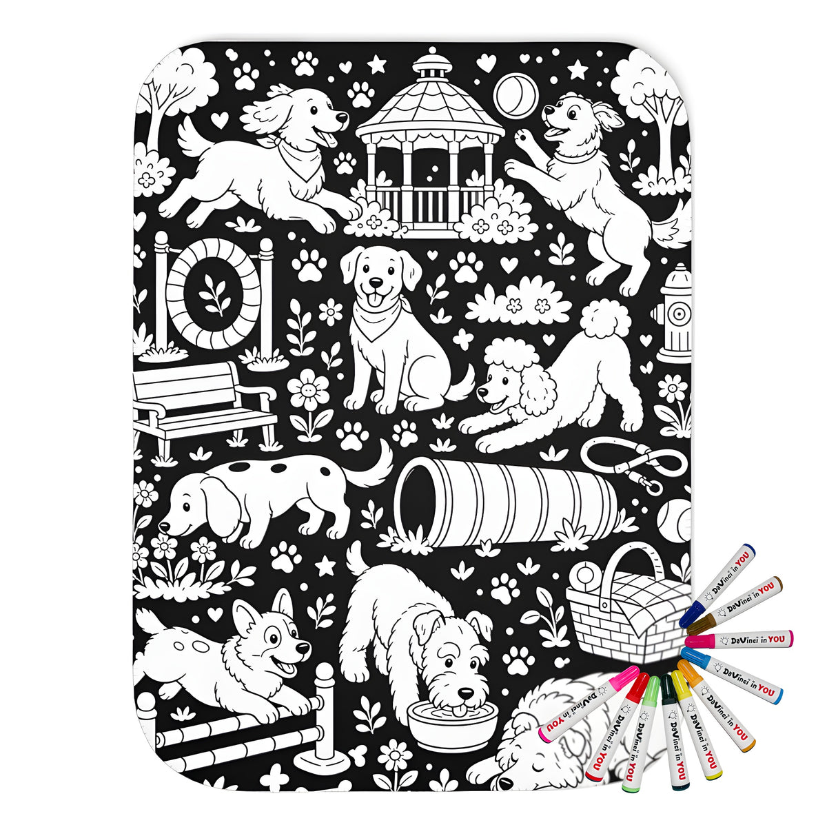 Dog Park Puppies Sherpa Blanket coloring kit mockup with polyester and graphic print