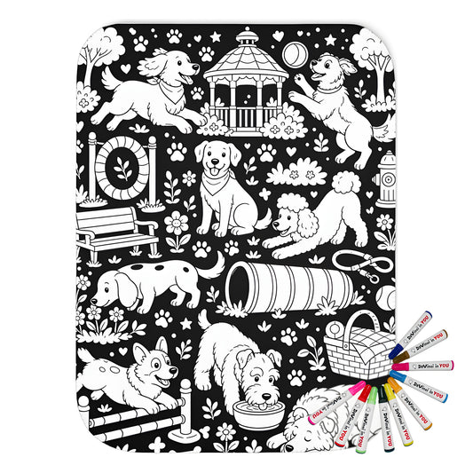 Dog Park Puppies Sherpa Blanket coloring kit mockup with polyester and graphic print