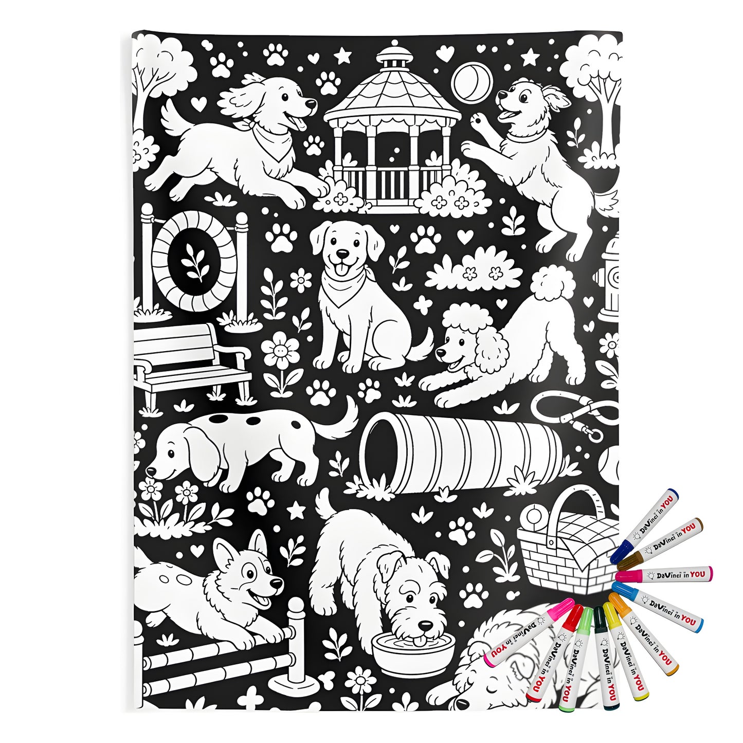Dog Park Puppies Indoor Wall Tapestry coloring kit mockup with polyester and graphic print
