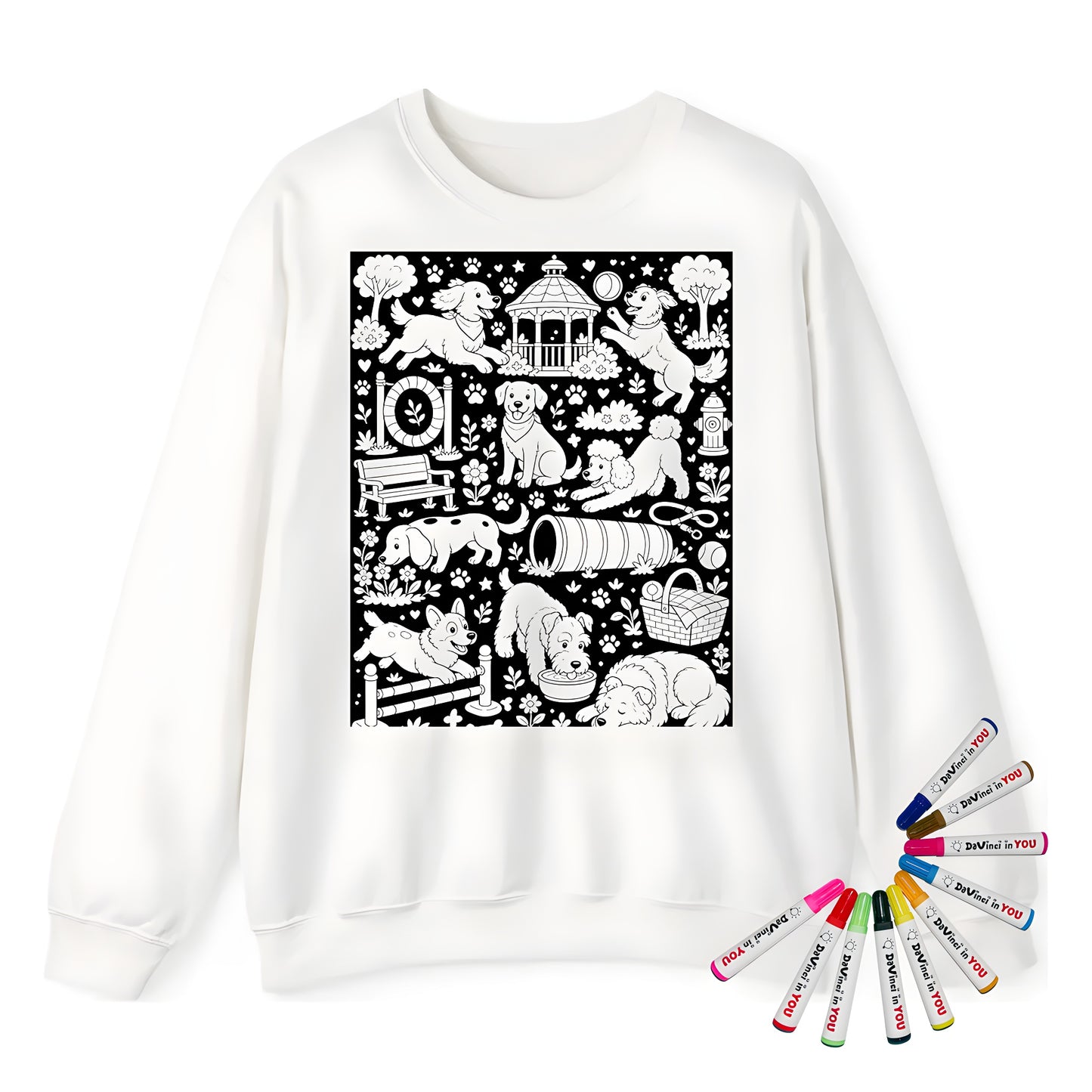 Dog Park Puppies Adult Crewneck Sweatshirt coloring kit mockup with white base, cotton/polyester blend, and graphic print