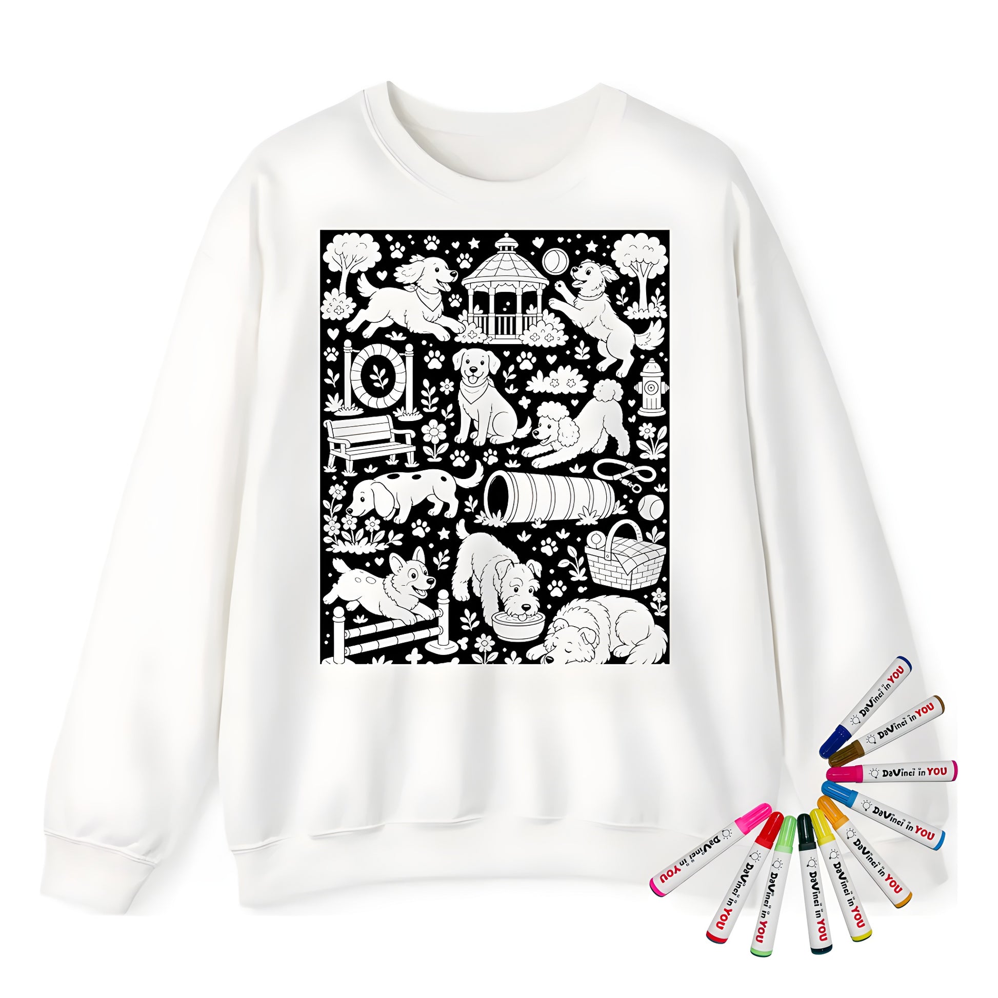 Dog Park Puppies Adult Crewneck Sweatshirt coloring kit mockup with white base, cotton/polyester blend, and graphic print