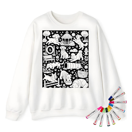 Dog Park Puppies Adult Crewneck Sweatshirt coloring kit mockup with white base, cotton/polyester blend, and graphic print