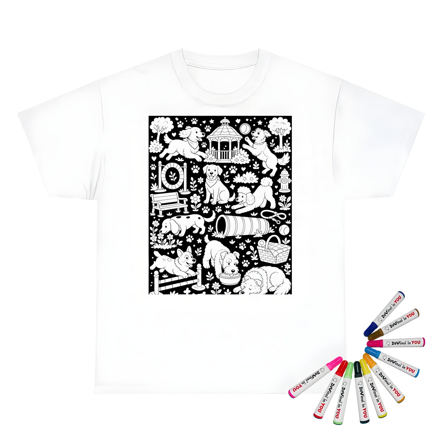 Dog Park Puppies Unisex T-Shirt coloring kit mockup with white base, cotton, and graphic print