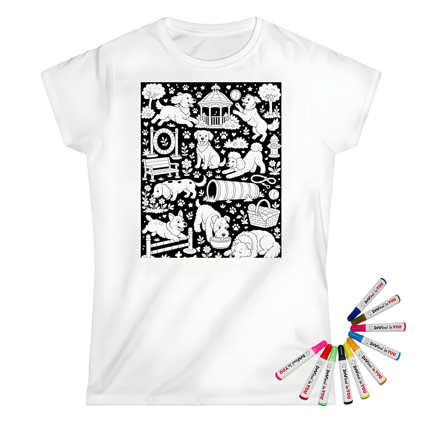 Dog Park Puppies Womens T-Shirt coloring kit mockup with white base, cotton, and graphic print