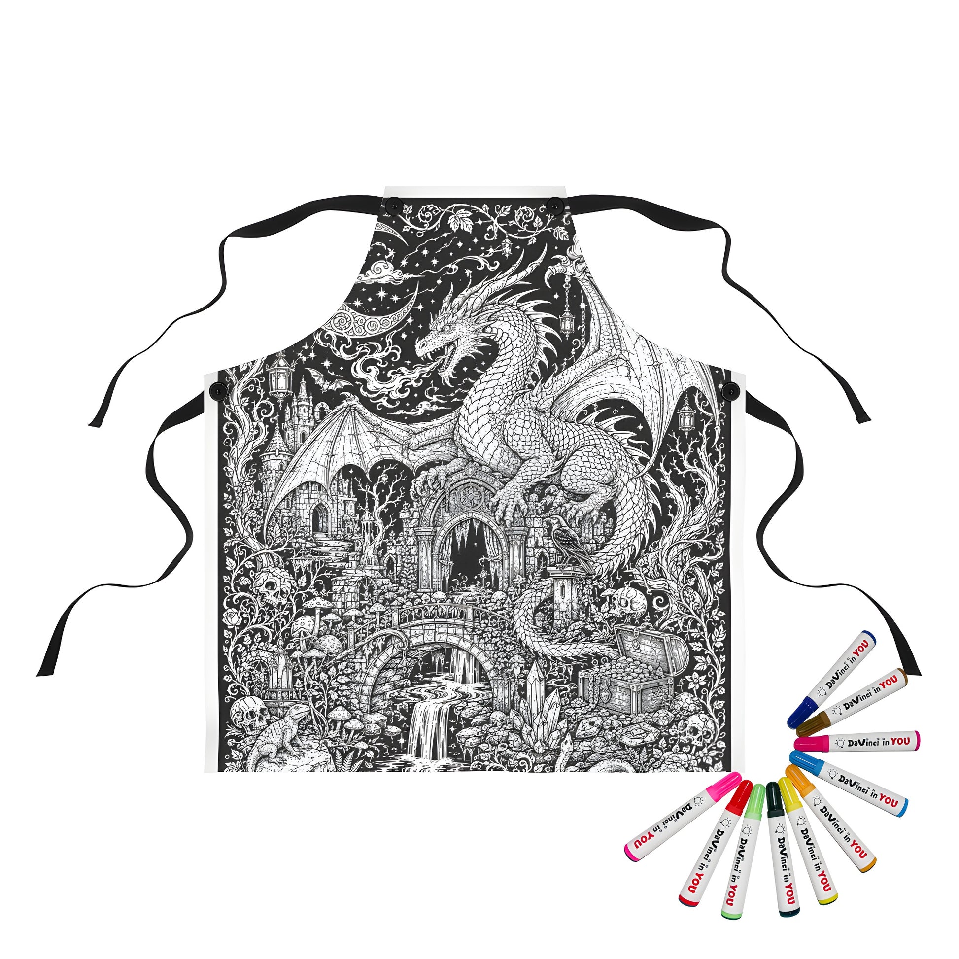 Dragon Castle Treasure Apron coloring kit mockup with polyester and graphic print
