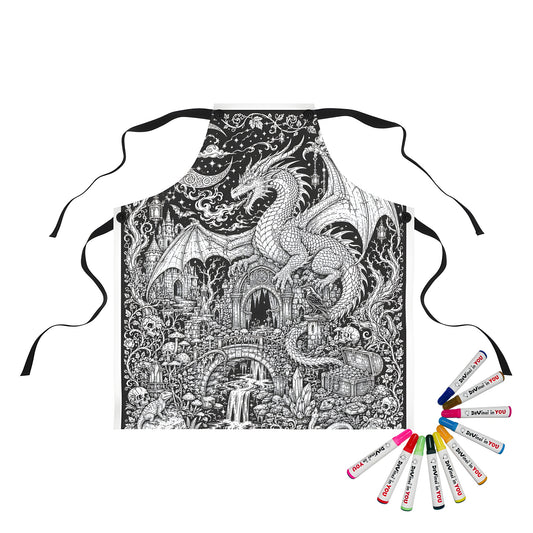 Dragon Castle Treasure Apron coloring kit mockup with polyester and graphic print