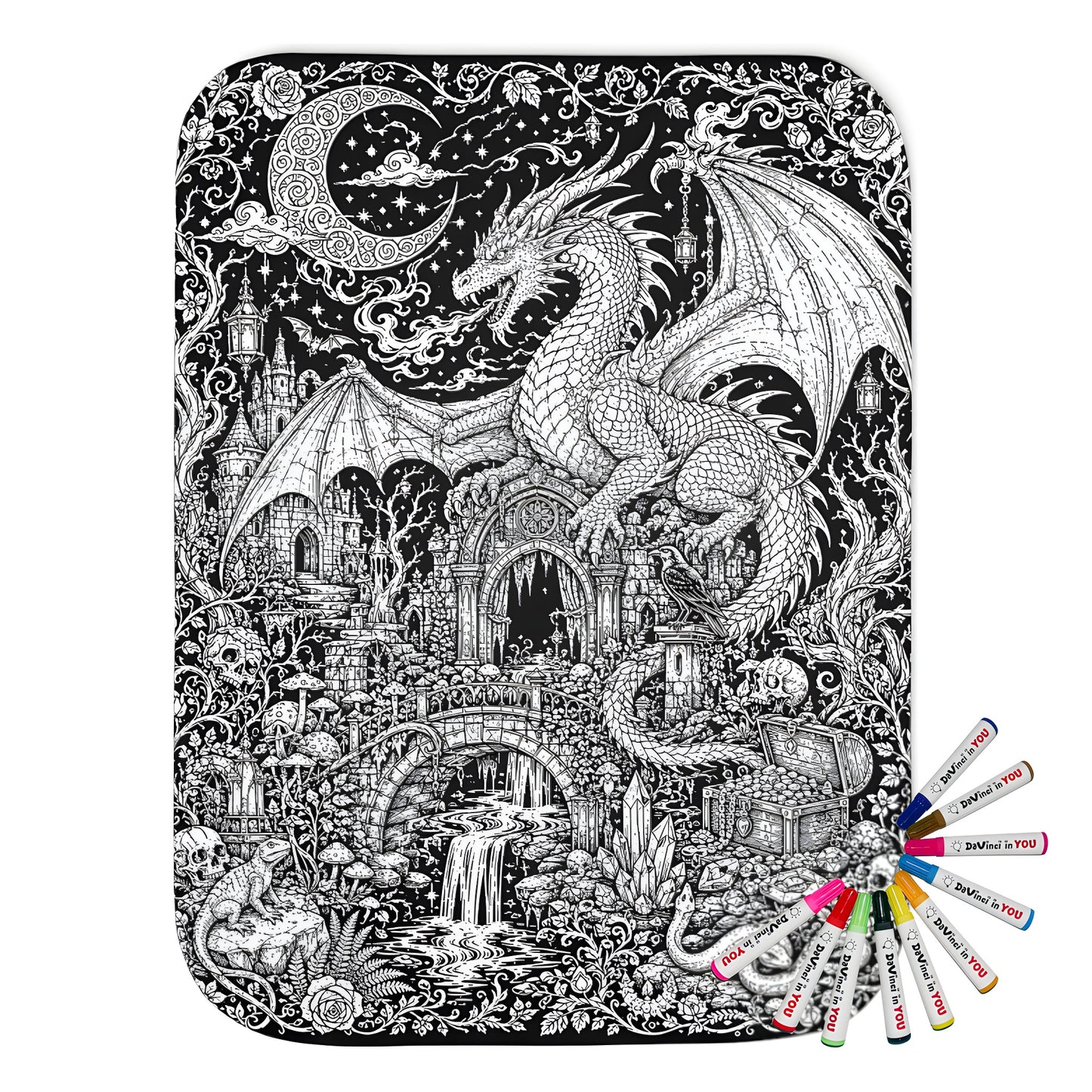Dragon Castle Treasure Sherpa Blanket coloring kit mockup with polyester and graphic print