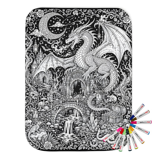 Dragon Castle Treasure Sherpa Blanket coloring kit mockup with polyester and graphic print