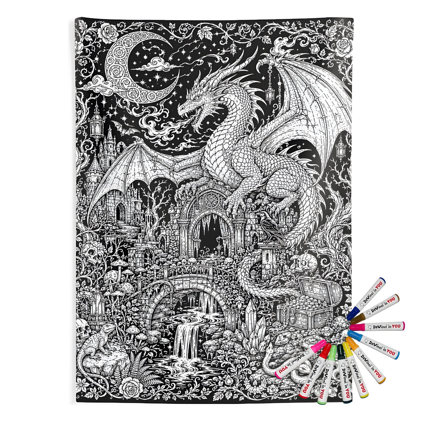 Dragon Castle Treasure Indoor Wall Tapestry coloring kit mockup with polyester and graphic print