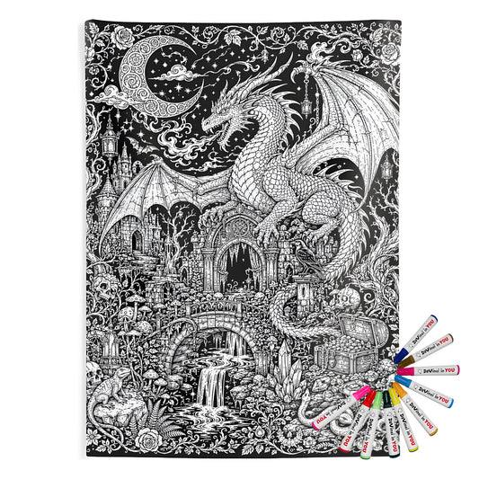 Dragon Castle Treasure Indoor Wall Tapestry coloring kit mockup with polyester and graphic print