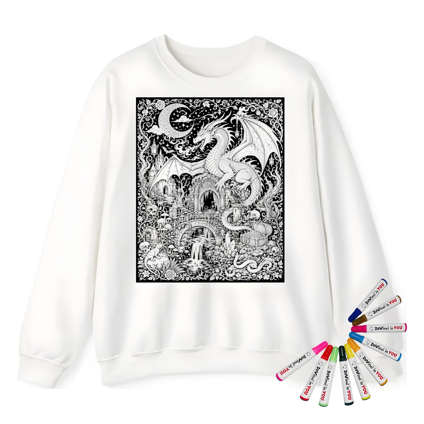 Dragon Castle Treasure Adult Crewneck Sweatshirt coloring kit mockup with white base, cotton/polyester blend, and graphic print