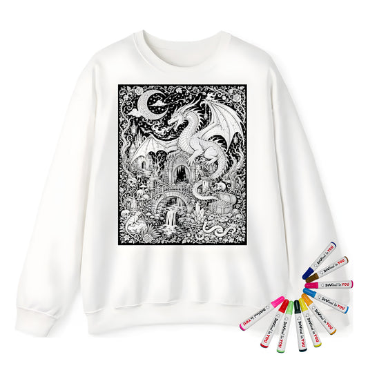Dragon Castle Treasure Adult Crewneck Sweatshirt coloring kit mockup with white base, cotton/polyester blend, and graphic print
