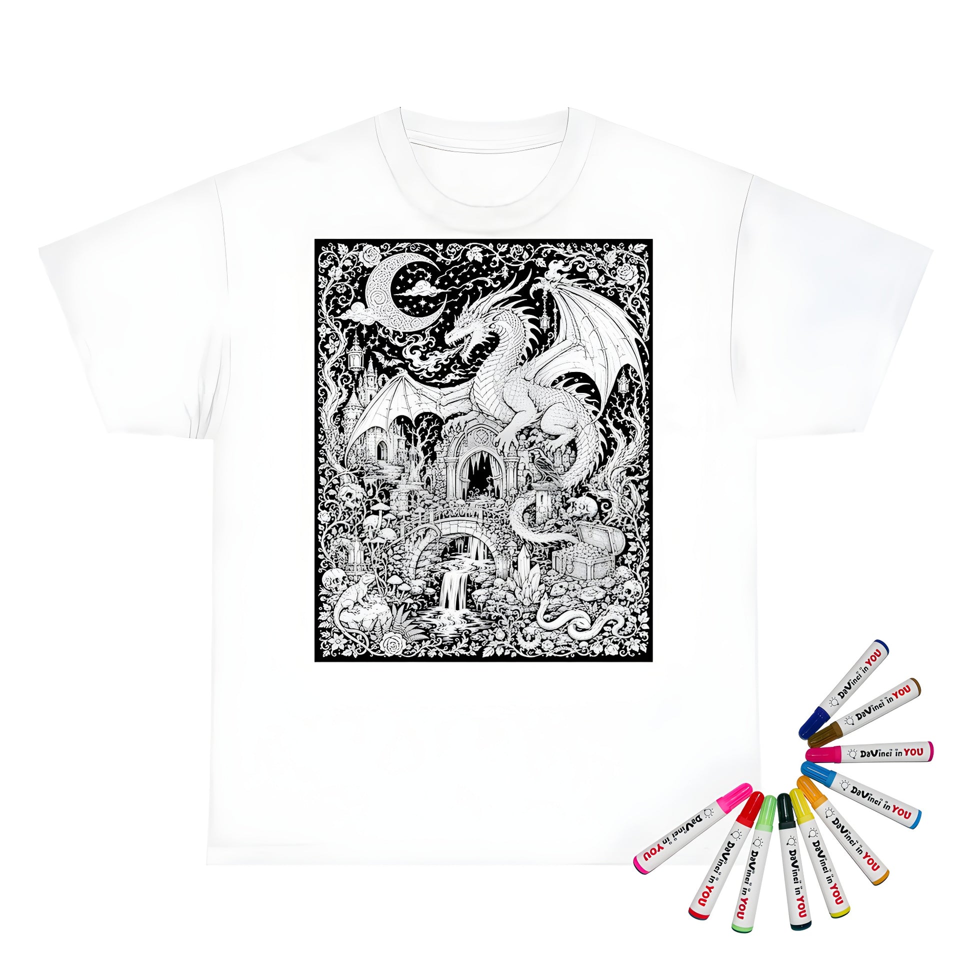 Dragon Castle Treasure Kids T-Shirt coloring kit mockup with white base, cotton, and graphic print