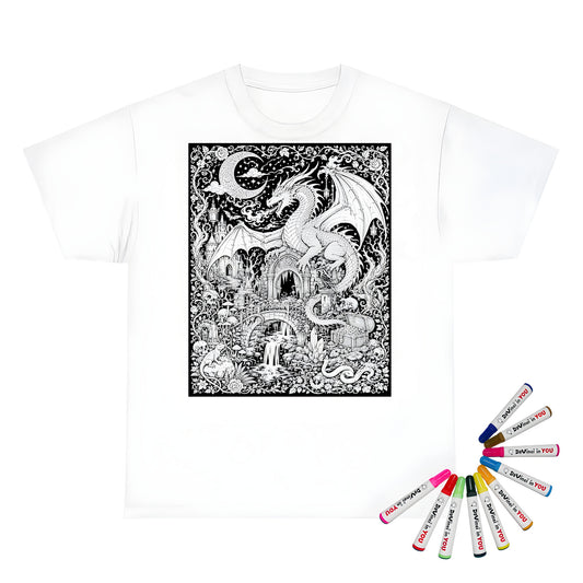 Dragon Castle Treasure Kids T-Shirt coloring kit mockup with white base, cotton, and graphic print