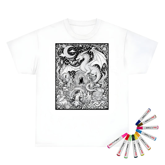 Dragon Castle Treasure Unisex T-Shirt coloring kit mockup with white base, cotton, and graphic print