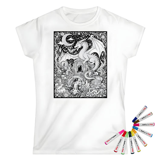 Dragon Castle Treasure Womens T-Shirt coloring kit mockup with white base, cotton, and graphic print