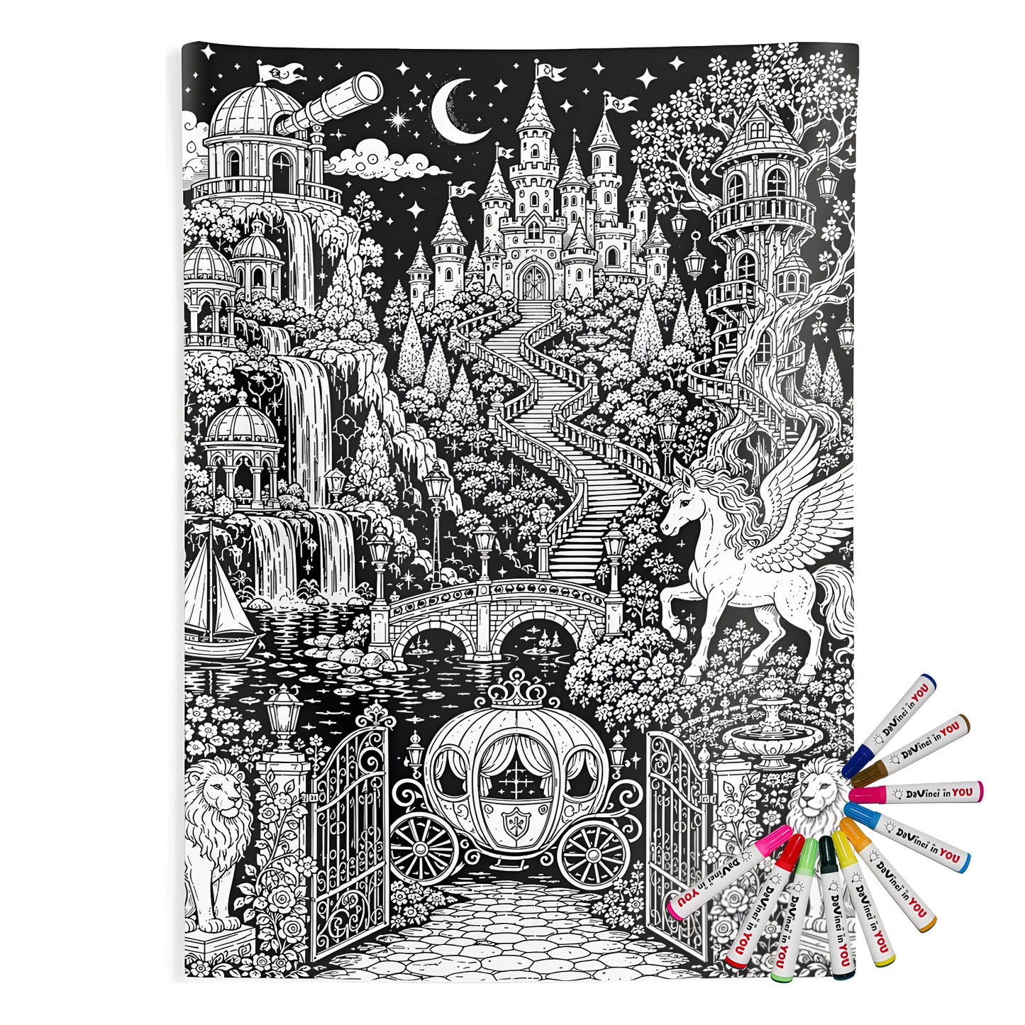 Enchanted Castle Kingdom Indoor Wall Tapestry coloring kit mockup with polyester and graphic print