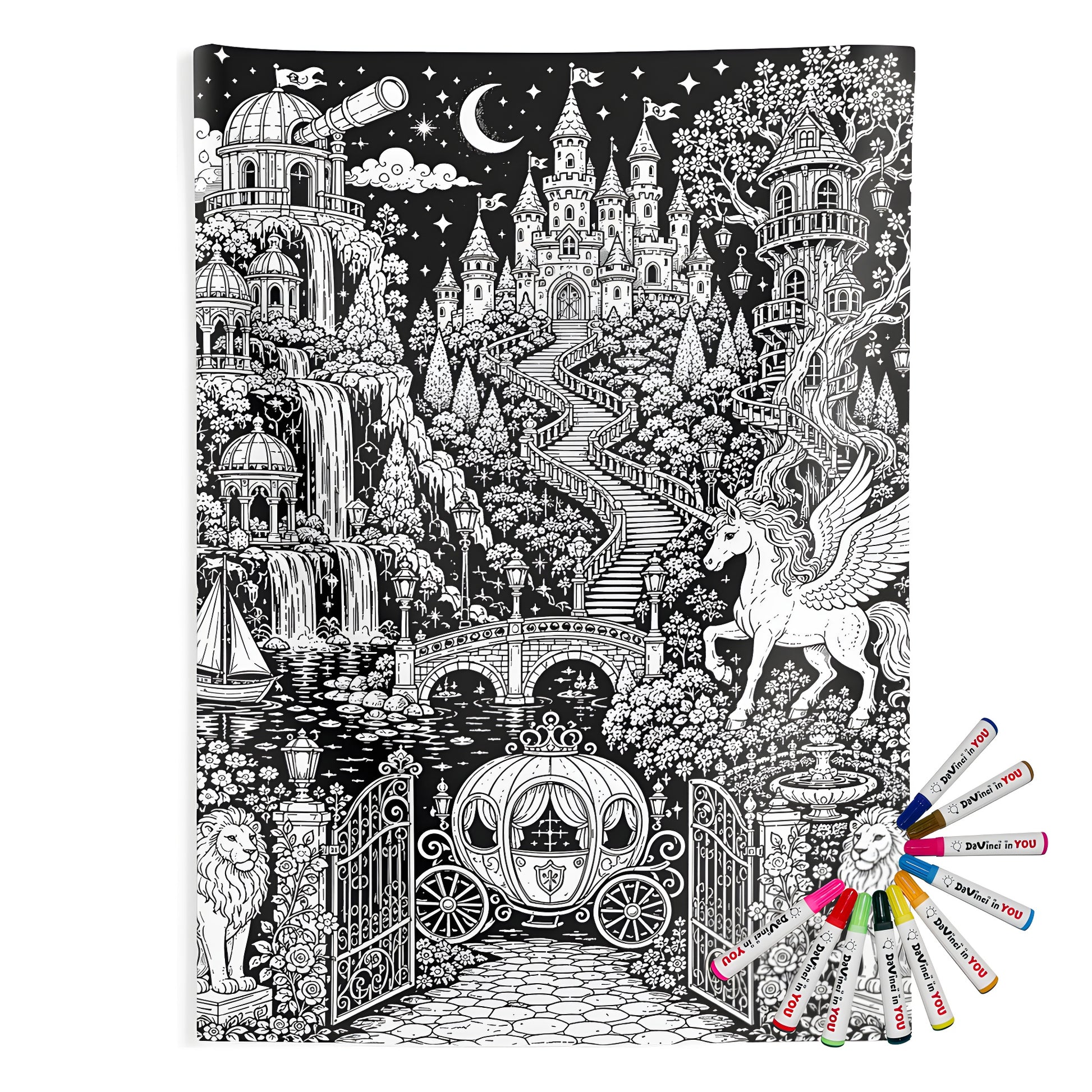 Enchanted Castle Kingdom Indoor Wall Tapestry coloring kit mockup with polyester and graphic print