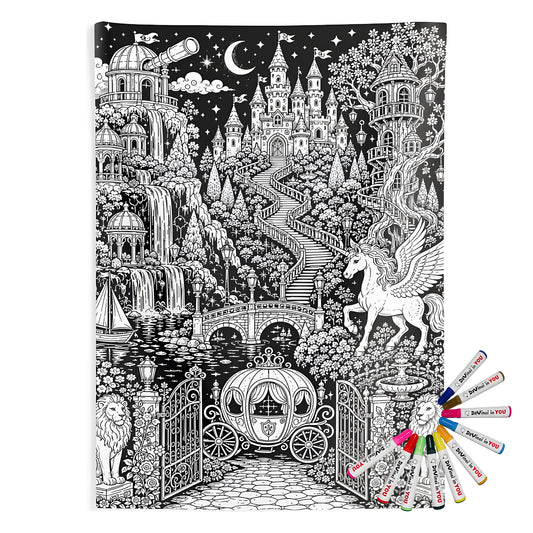 Enchanted Castle Kingdom Indoor Wall Tapestry coloring kit mockup with polyester and graphic print
