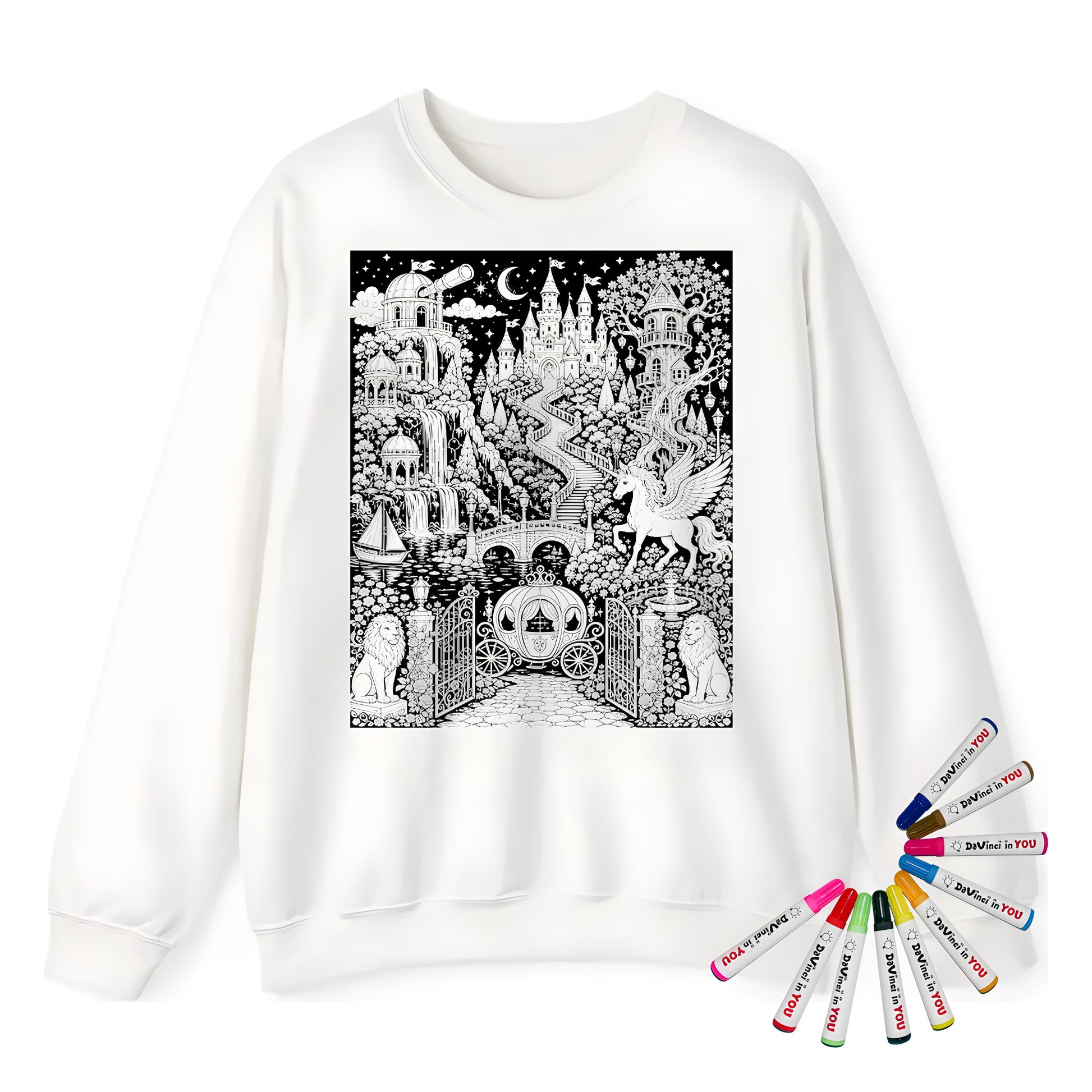 Enchanted Castle Kingdom Adult Crewneck Sweatshirt coloring kit mockup with white base, cotton/polyester blend, and graphic print