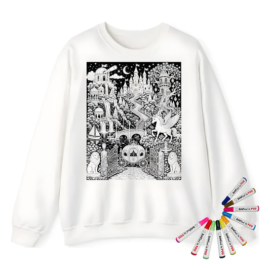 Enchanted Castle Kingdom Adult Crewneck Sweatshirt coloring kit mockup with white base, cotton/polyester blend, and graphic print