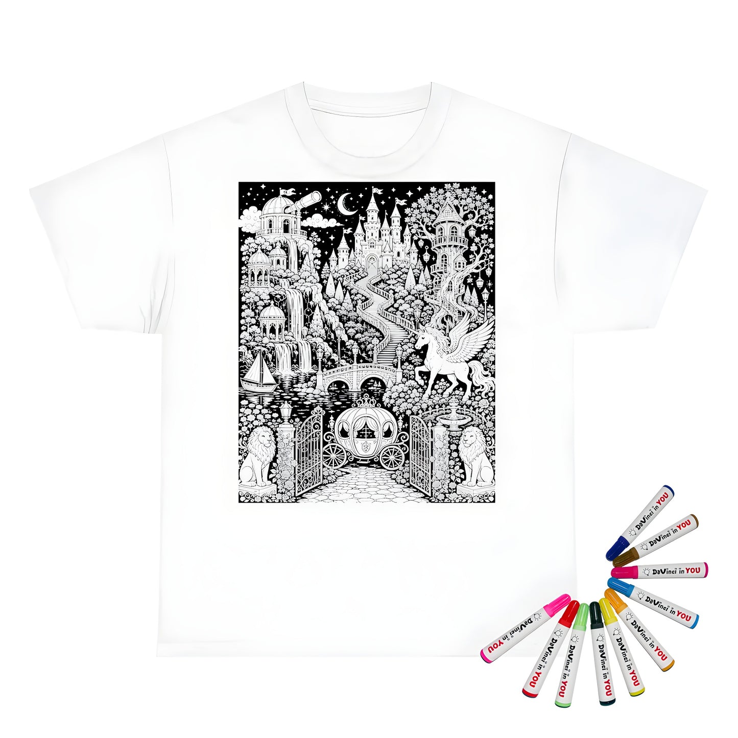 Enchanted Castle Kingdom Kids T-Shirt coloring kit mockup with white base, cotton, and graphic print