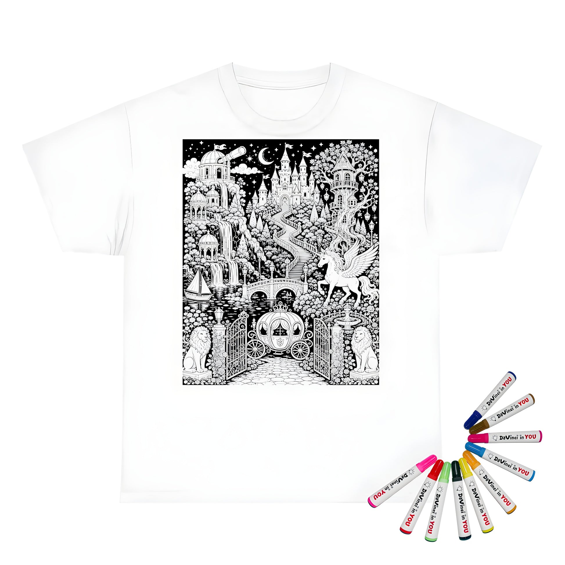 Enchanted Castle Kingdom Kids T-Shirt coloring kit mockup with white base, cotton, and graphic print