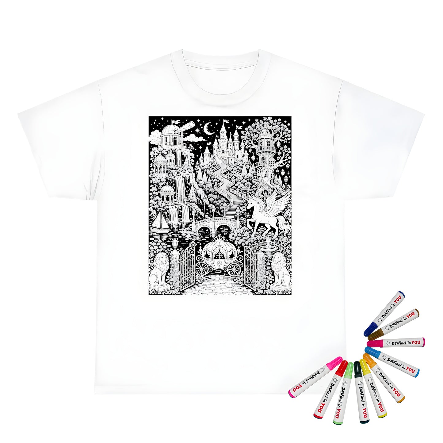 Enchanted Castle Kingdom Unisex T-Shirt coloring kit mockup with white base, cotton, and graphic print
