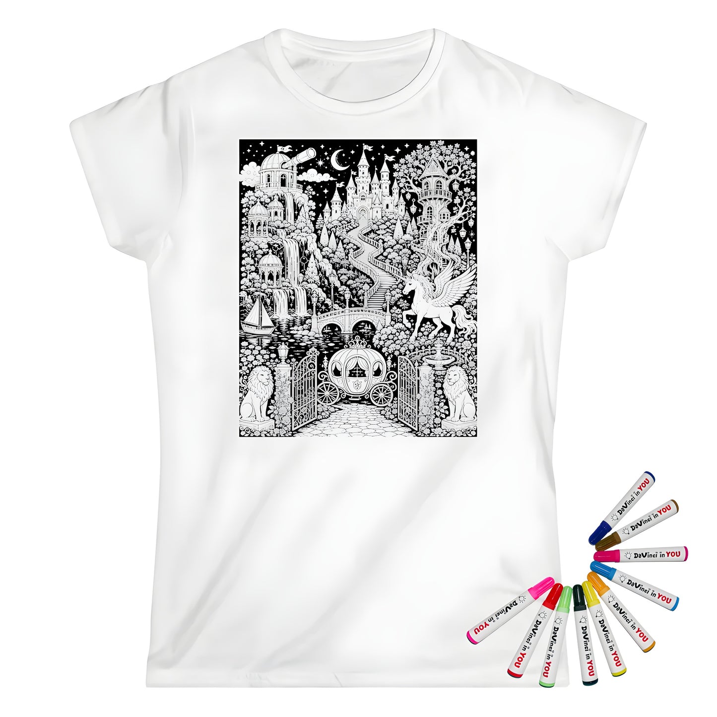 Enchanted Castle Kingdom Womens T-Shirt coloring kit mockup with white base, cotton, and graphic print