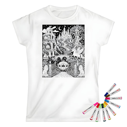 Enchanted Castle Kingdom Womens T-Shirt coloring kit mockup with white base, cotton, and graphic print