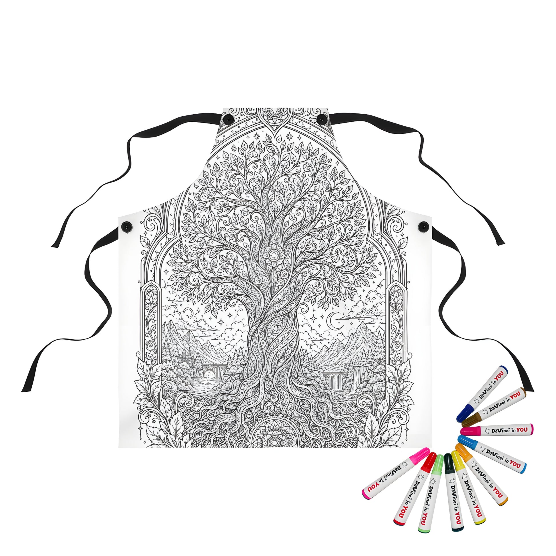 Enchanted Tree of Life Apron coloring kit mockup with polyester and graphic print